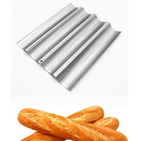 (Argent)Plaque de Cuisson Moule à 4 Baguettes Anti-Adhésif de Cuisson Pain Plaque à Pain Argent