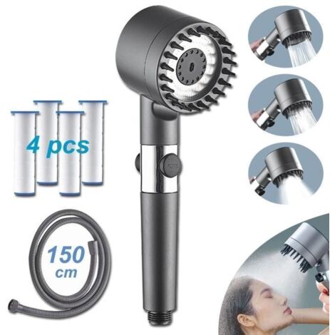 (Argent)Pommeau de douche haute pression jet massage filtre 3 vitesses jet pommeau de douche - avec 4 filtres 150 cm tuyau de douche