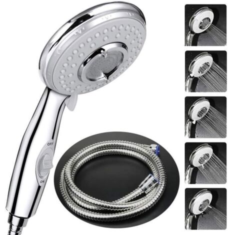 (Argent)Pommeau Douche + 2 M Tuyau de Douche Flexible,Pommeau de Douche avec Tuyau, 5 Modes Economiseur d'eau et bouton de l'interrupteur
