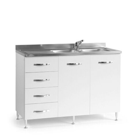 Argonauta – Évier de cuisine en bois mélaminé frêne blanc 120x50xH 85 cm – 2 portes et commode à 4 tiroirs – Finition chromée élégante
