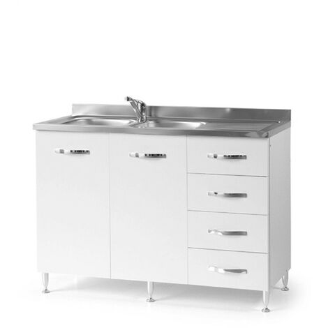 Argonauta – Évier de cuisine en bois mélaminé frêne blanc 120x50xH85 – 2 portes et tiroir – Finition chromée pour design élégant - 120x50xH