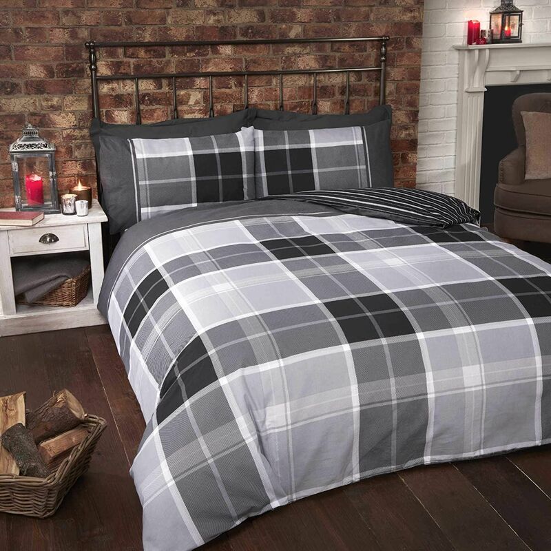 Argyle Tartan Double Quilt Duvet Cover and 2 Pillowcase Reversible Bedding Bed Set, Tartan Check - Grey