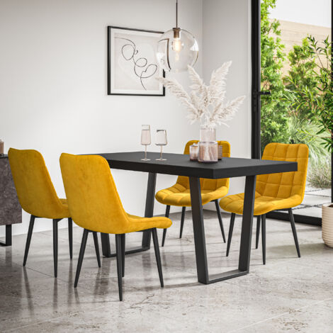 Aria Dining Table And Chairs -  Black Table Top w Black Legs + Nova Velvet Dining Chair Set Of 4 (Mustard)