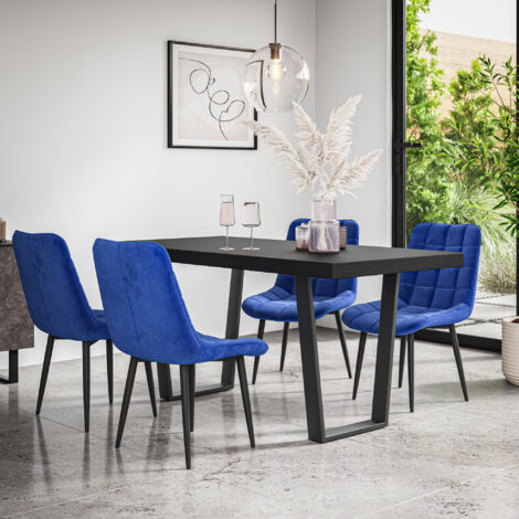 Aria Dining Table And Chairs -  Black Table Top w Black Legs + Nova Velvet Dining Chair Set Of 6 (Blue)