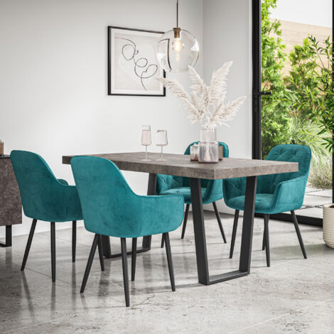 Aria Dining Table And Chairs -  Grey Table Top w Black Legs + Anika Velvet Dining Chair Set Of 6 (Blue)