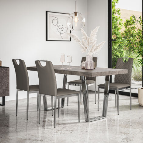 Aria Dining Table And Chairs -  Grey Table Top w Chrome Legs + Monza Faux Leather Dining Chair w Chrome Legs Set Of 4 (Grey)