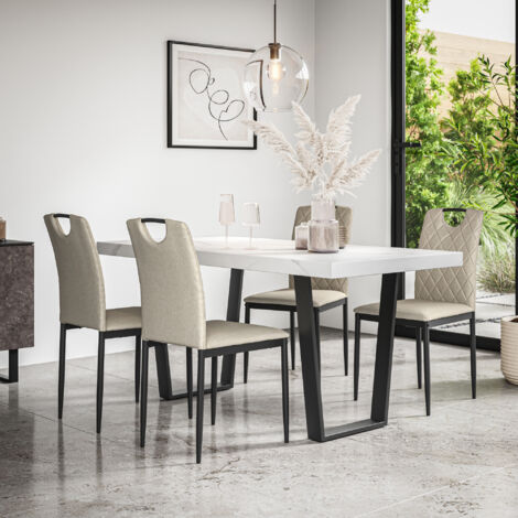Aria Dining Table And Chairs -  White Marble Effect Table Top w Black Legs + Monza Linen Dining Chair Set Of 4 (Beige)