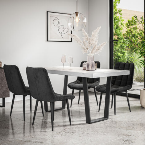 Aria Dining Table And Chairs -  White Marble Effect Table Top w Black Legs + Nova Velvet Dining Chair Set Of 4 (Black)
