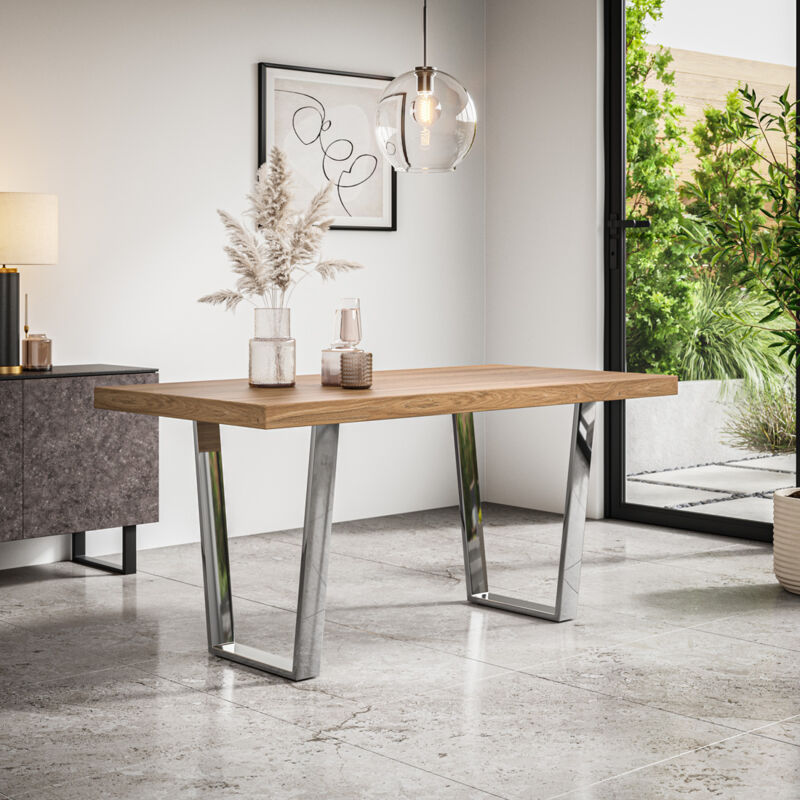 MORE4HOMES Aria Dining Table Modern Oak Effect Table Top w Chrome Legs