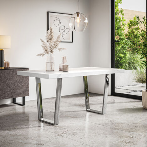 Aria Dining Table Modern White Marble Effect Table Top w Chrome Legs