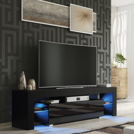 Aria TV Unit - Black with Gloss Doors & LED - 160cm