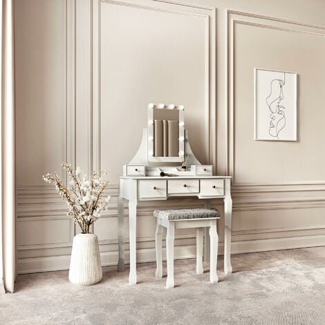 main image of "Arianna Deluxe Grey Dressing Table with Hollywood Bulbs LED Lights Vanity Mirror Stool 5 Drawers Bedroom Set"