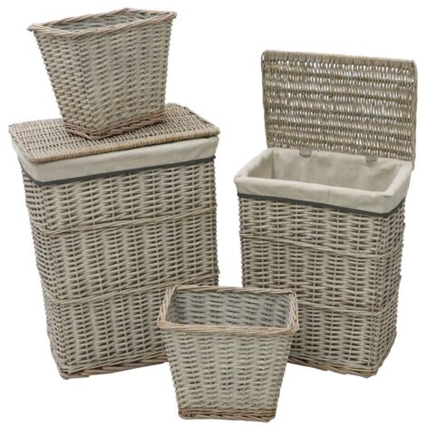 Arianna Set of 2 Rectangular Laundry Willow Baskets with 2 Waste Paper Baskets, Grey Wash
