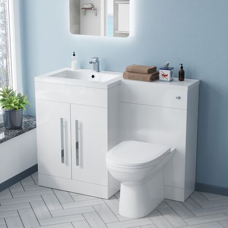 main image of "Aric Left Hand White Gloss Bathroom Basin Flat Pack Vanity Unit WC Toilet Cabinet Suite - 1100mm"