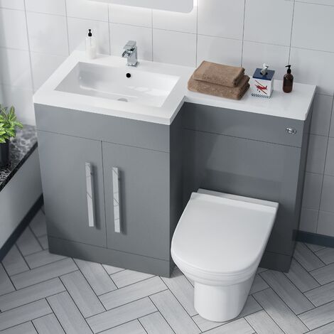 Aric LH 1100mm Flat Pack Vanity Basin Unit, WC Unit & Desone Back To Wall Toilet Light Grey