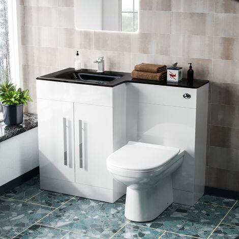 Aric LH 1100mm Flat Pack Vanity Basin Unit, WC Unit & Elso Back to Wall Toilet White with Black Basin