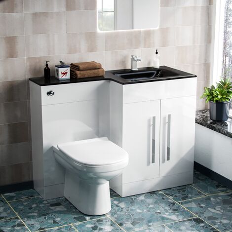 Aric RH 1100mm Flat Pack Vanity Basin Unit, WC Unit & Elso Back to Wall Toilet White with Black Basin