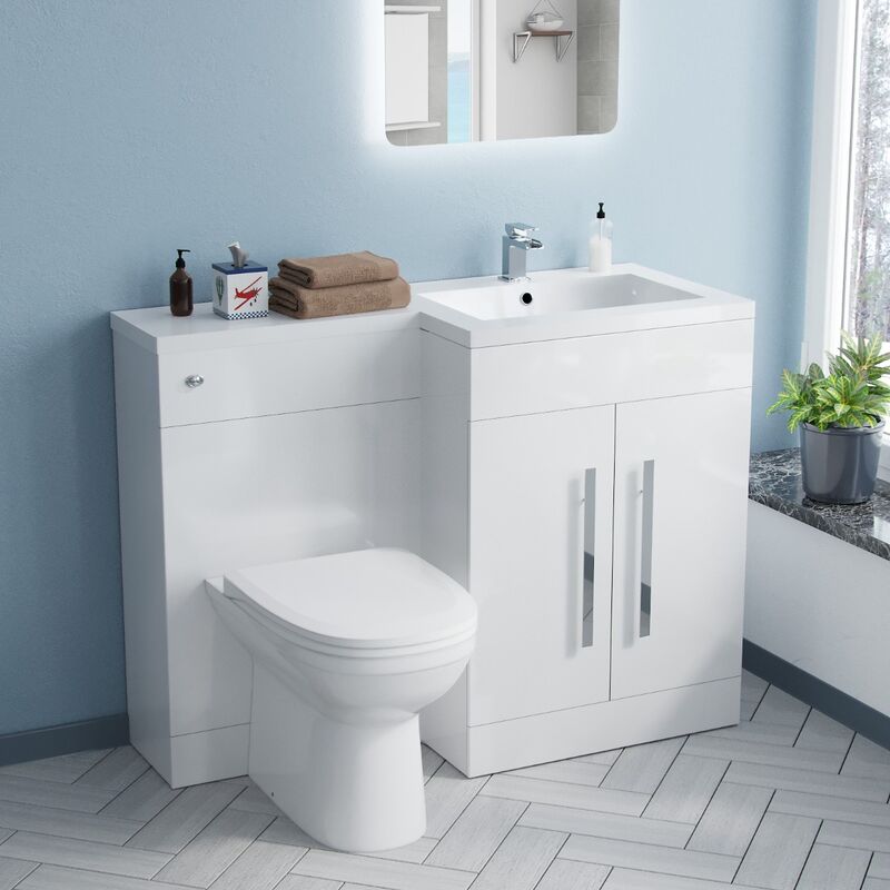 Neshome - ARIC Right Hand White Gloss Bathroom Basin Vanity Unit WC Toilet Cabinet Suite - 1100mm