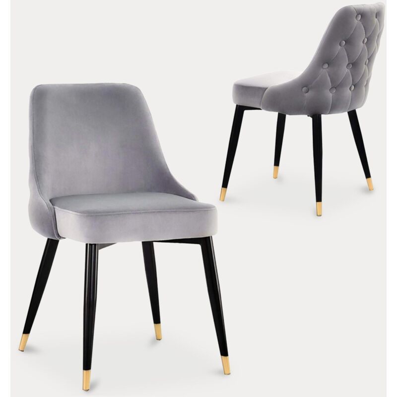 mobilier deco - arielle lot de 2 chaises en velours gris dossier capitonne gris