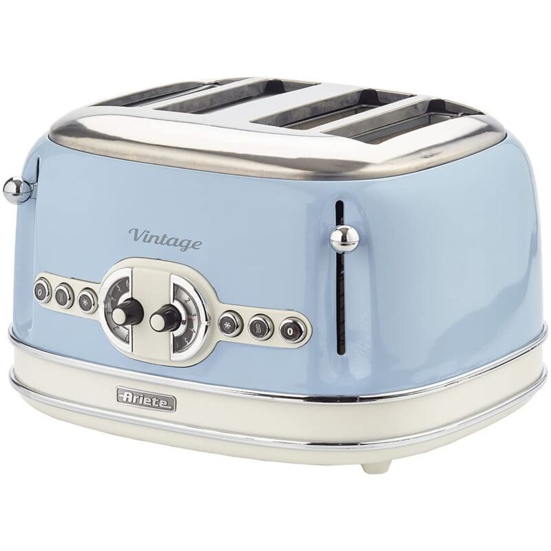 Ariete - 0156/05 Retro Style 4 Toaster with 2 Slice Control, 6 Browning Levels & Removable Crumb Tray, Vintage Design, Stainless Steel, Blue