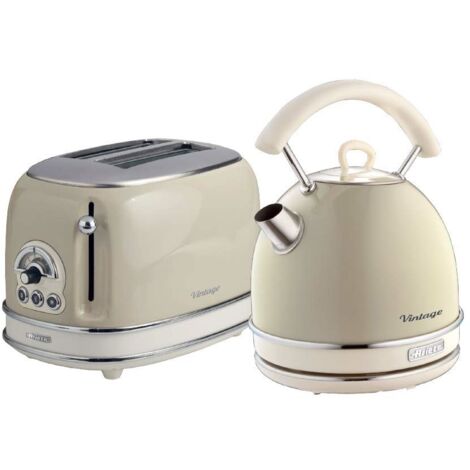 Ariete ARPK10 Retro Style Dome Kettle and 2 Slice Toaster Set, Vintage Design, Beige