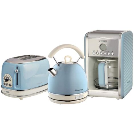 Ariete ARPK15 Retro Style Dome Kettle, 2 Slice Toaster and Filter Coffee Machine Set, Vintage Design, Blue