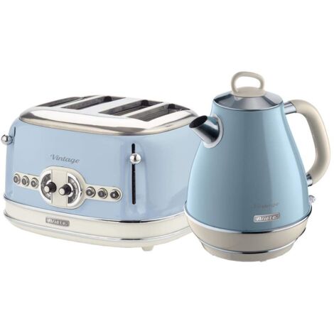 Ariete ARPK21 Retro Style Jug Kettle and 4 Slice Toaster Set, Vintage Design, Blue