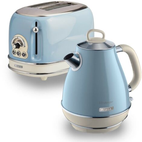 Ariete ARPK3 Retro Style Jug Kettle and 2 Slice Toaster Set, Vintage Design, Blue