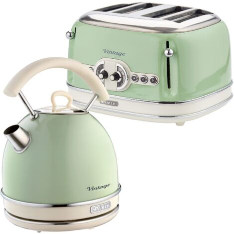 Ariete ARPK40 Retro Style Dome Kettle and 4 Slice Toaster Set, Vintage Design, Green, Stainless Steel