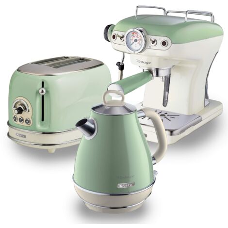 Ariete ARPK5 Retro Style Jug Kettle, 2 Slice Toaster and Espresso Machine Set, Vintage Design, Green