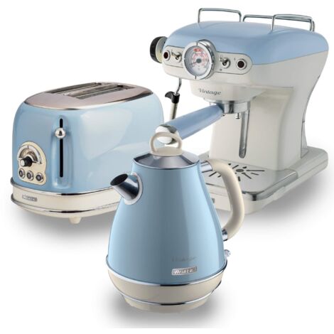Ariete ARPK6 Retro Style Jug Kettle, 2 Slice Toaster and Espresso Machine Set, Vintage Design, Blue