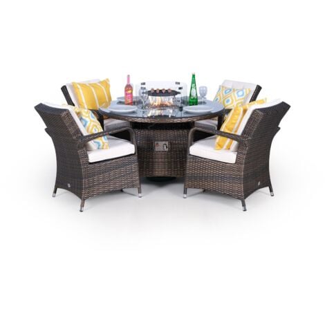 Arizona Fire Pit 4 Seater Round Rattan Dining Set - Brown