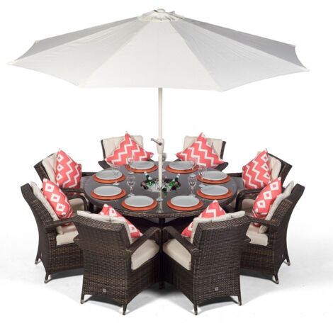 Arizona Round 8 Seater Rattan Dining Set with Ice Bucket Drinks Cooler - Brown