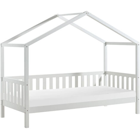 ARKAN - Lit Maison à Barrières 90x200cm Pin Blanc + Matelas