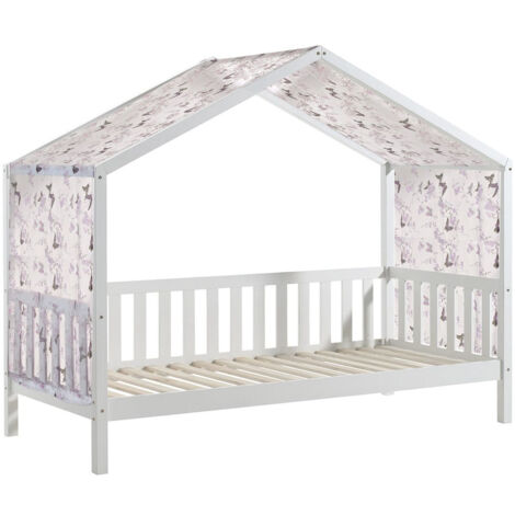 ARKAN - Lit Maison à Barrières 90x200cm Pin Blanc + Voile