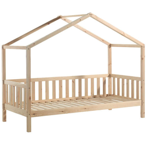 ARKAN - Lit Maison à Barrières 90x200cm Pin Massif Naturel