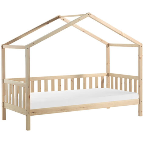 ARKAN - Lit Maison à Barrières 90x200cm Pin Naturel + Matelas