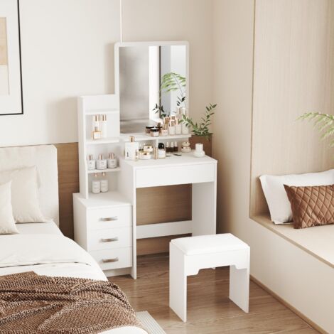 Arlo 4 Drawer Dressing Table Vanity Desk With Mirror Cushioned Stool White