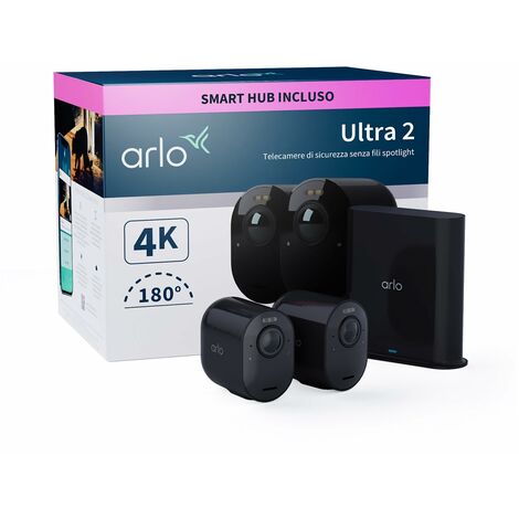 Arlo Ultra 2 Spotlight, 2 telecamere di videosorveglianza WiFi in 4K + base, con faro e allarme, Sensori movimento, audio, Visione 180° Diurna/Notturna, 90 giorni Arlo Secure inclusi, Nero