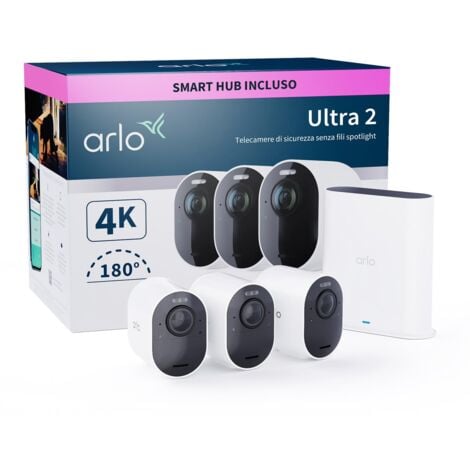 Arlo Ultra 2 Telecamera WiFi Esterno Senza Fili, Telecamera WiFi Interno, 4K UHD, Sirena Allarme Casa, Sensore Di Movimento, Audio Bidirezionale, Prova Arlo Secure Inclusa, 3 Telecamere, Bianche