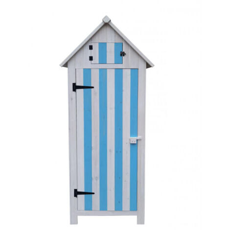 ARM0805RBB Armario de jardín Foresta de madera de abeto azul y blanco, 65 x 44 cm, 3 estantes, impermeable, techo alquitranado