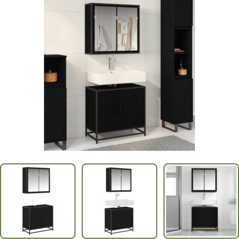 Armadi con specchio -  Set di mobili per il bagno 2 pcs Rovere Nero Legno multistrato