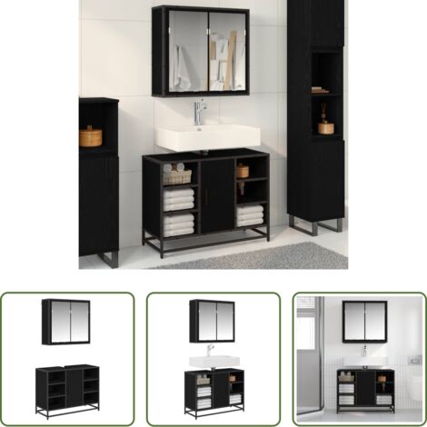 Armadi da bagno -  Set di mobili per il bagno 2 pcs Rovere Nero Legno multistrato