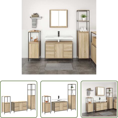 Armadi da bagno -  Set di mobili per il bagno con porta 3 pcs Rovere Sonoma e Nero
