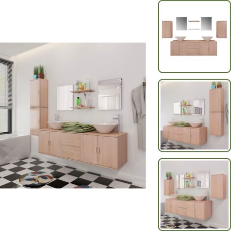 Armadi da parete - vidaXL Set Mobili da Bagno con Lavabo 9 pz Beige - Specchio da bagno