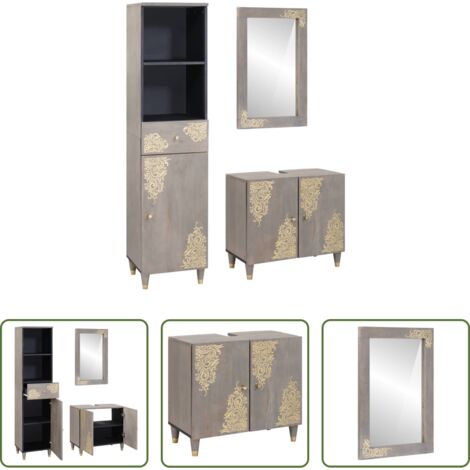 Armadi in legno -  Set di Armadi da Bagno 3 pcs Grigio Legno di mango massello