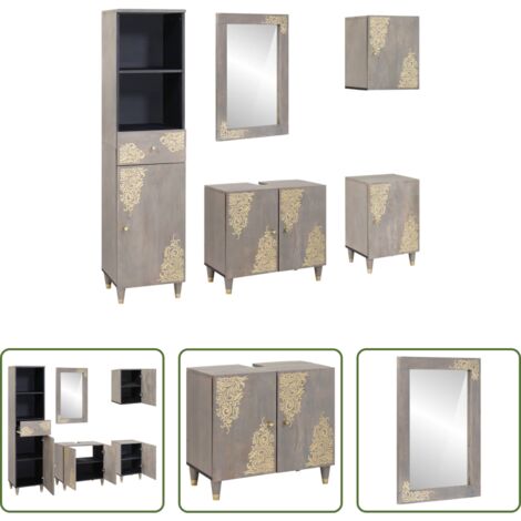 Armadi in legno -  Set di Armadi da Bagno 5 pcs Grigio Legno di mango massello