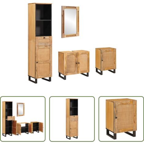 Armadietti da bagno -  Set da Bagno con cassetto Naturale Legno di mango massello