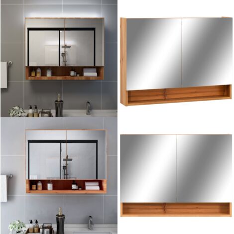 Armadietto a Specchio con LED Rovere 80x15x60 cm in MDF - Armadietto da trucco con LED - Armadietto con specchio e LED