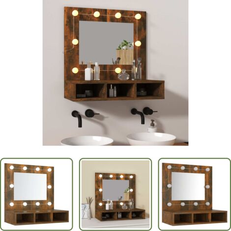 Armadietto a specchio -  Mobile a Specchio con LED Rovere Fumo 60x31,5x62 cm